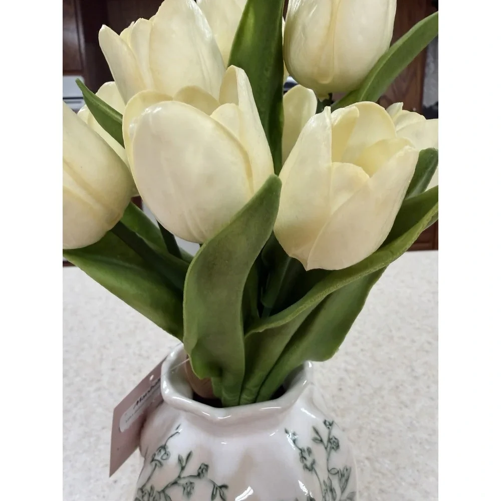 Tulip Home Artificial White Tulip Floral Arrangement Ceramic Vase Green Floral